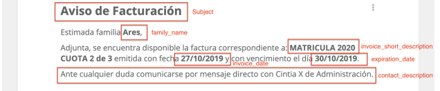 Ejemplo de aviso de factura en Handing