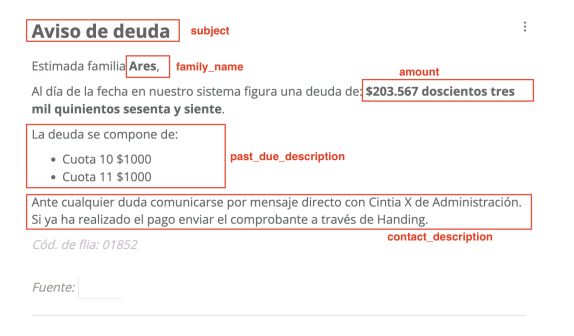 Ejemplo de notificación de deuda en Handing