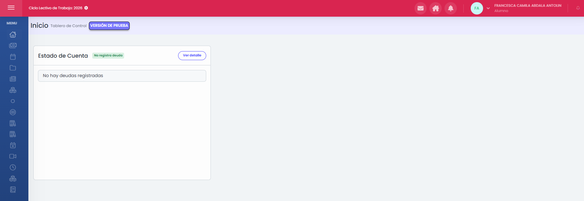 Ejemplo del widget de deudas en el portal del estudiante